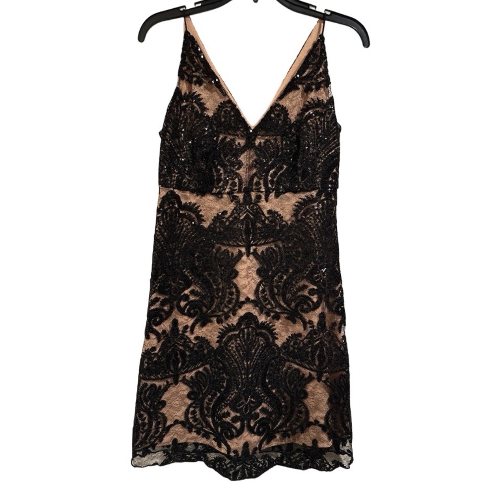 Altar’d State Black Lace Kayann Mini Dress V-Neck Sequin Nude Lining Size Small - Picture 3 of 16